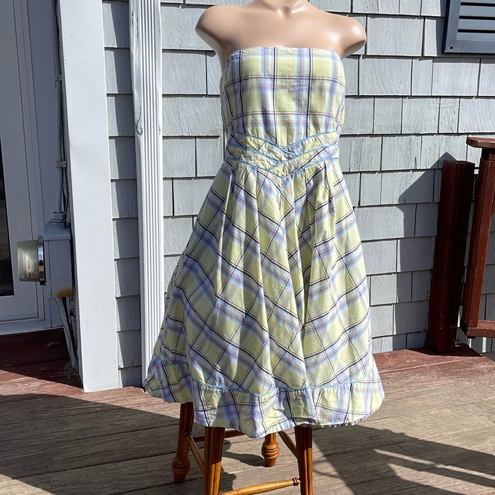 Maeve Anthropologie Strapless Yellow and Blue Plaid Flare Dress Size 12